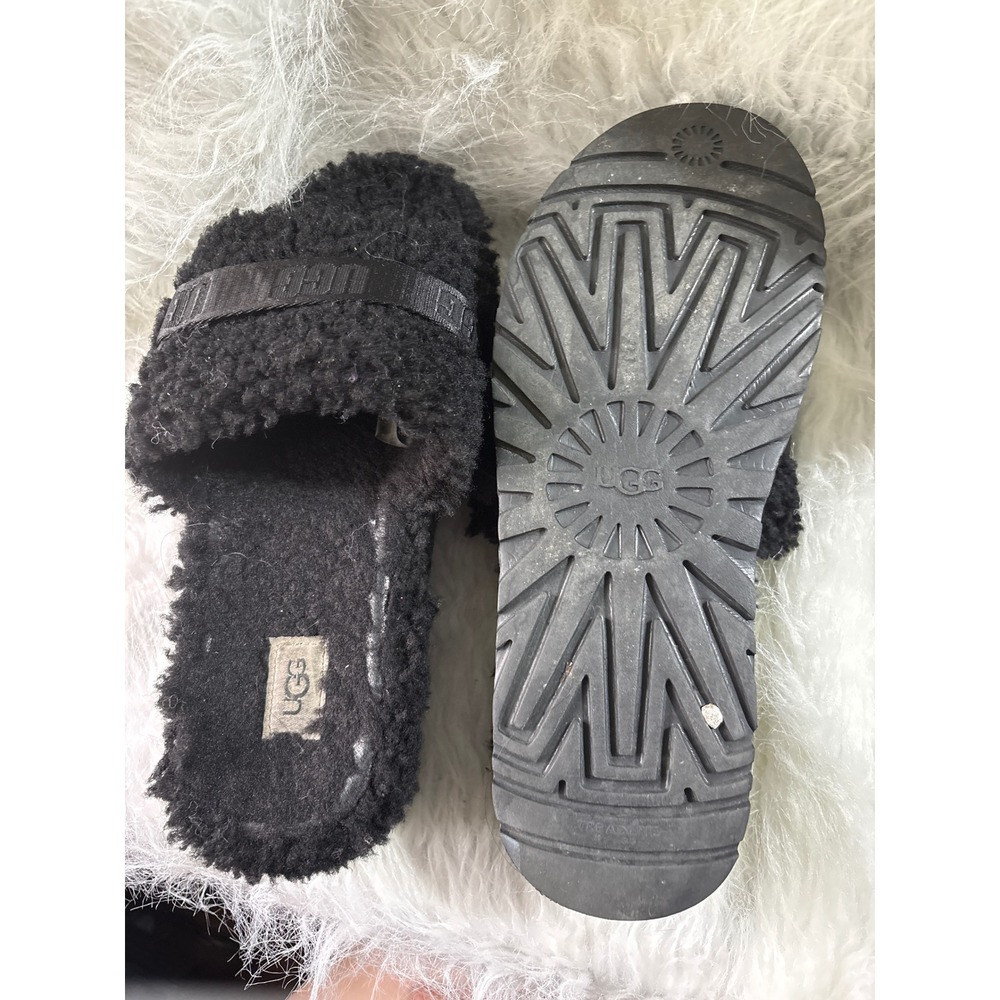 UGG Fluffita‎ Black Curly Sheepskin Platform Slide Sandals Womens Buckle Strap - Picture 7 of 8